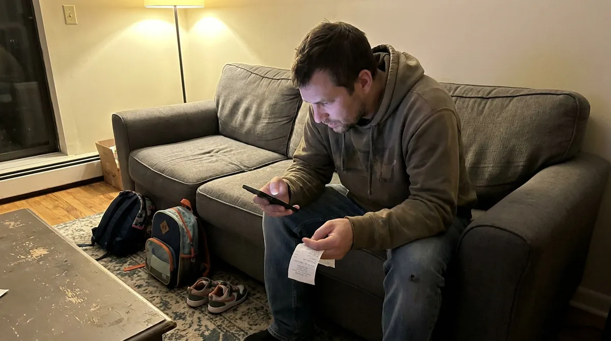 Divorced dad checking AppClose pricing on his phone while holding a receipt