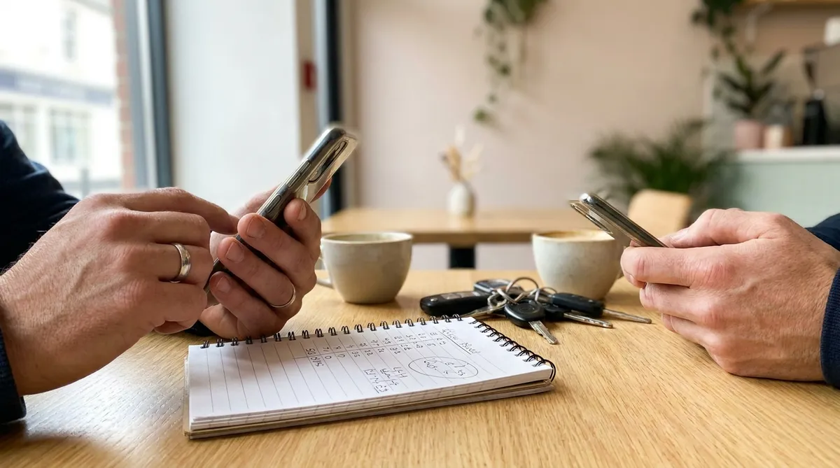 Co-parents comparing expense app costs across a cafe table