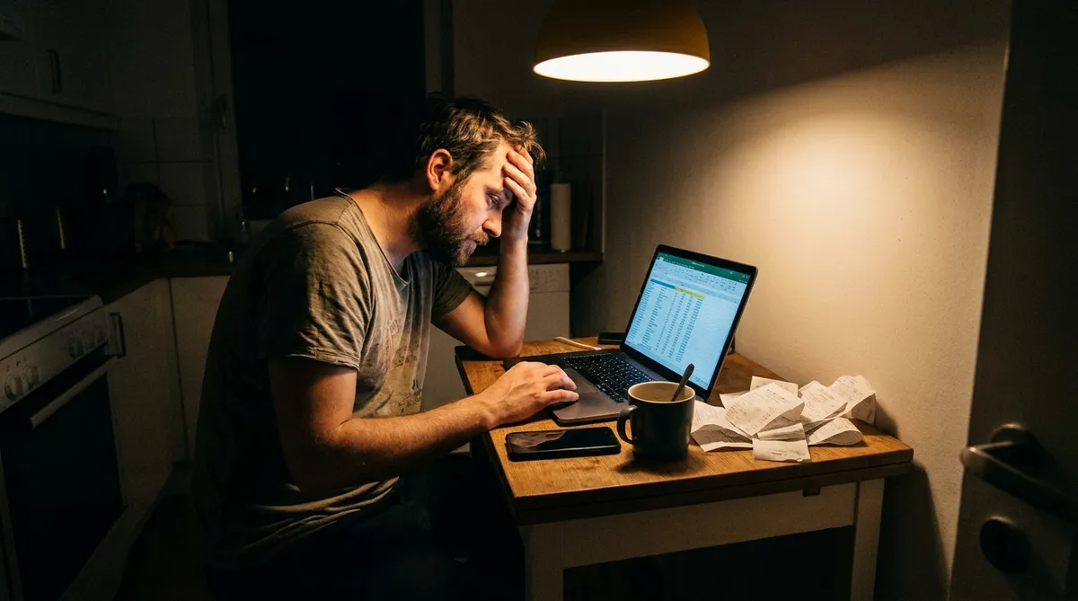 divorced dad comparing co-parenting app costs for both parents at his kitchen table