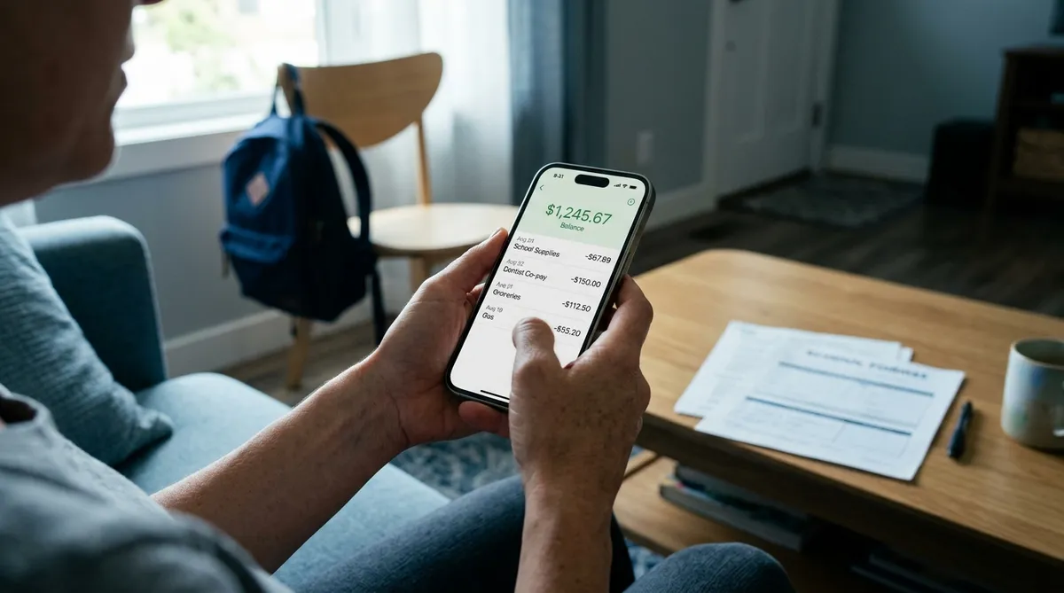 co-parent viewing a shared child expense balance on her phone