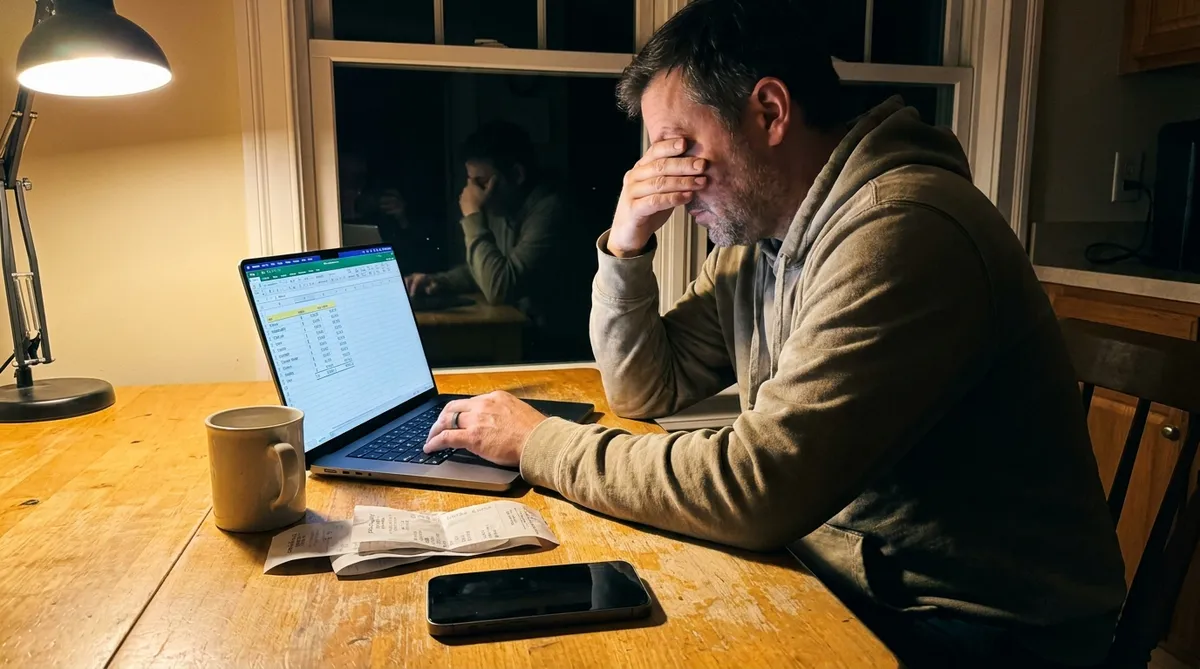 Divorced dad building a monthly co-parenting budget template at his kitchen table