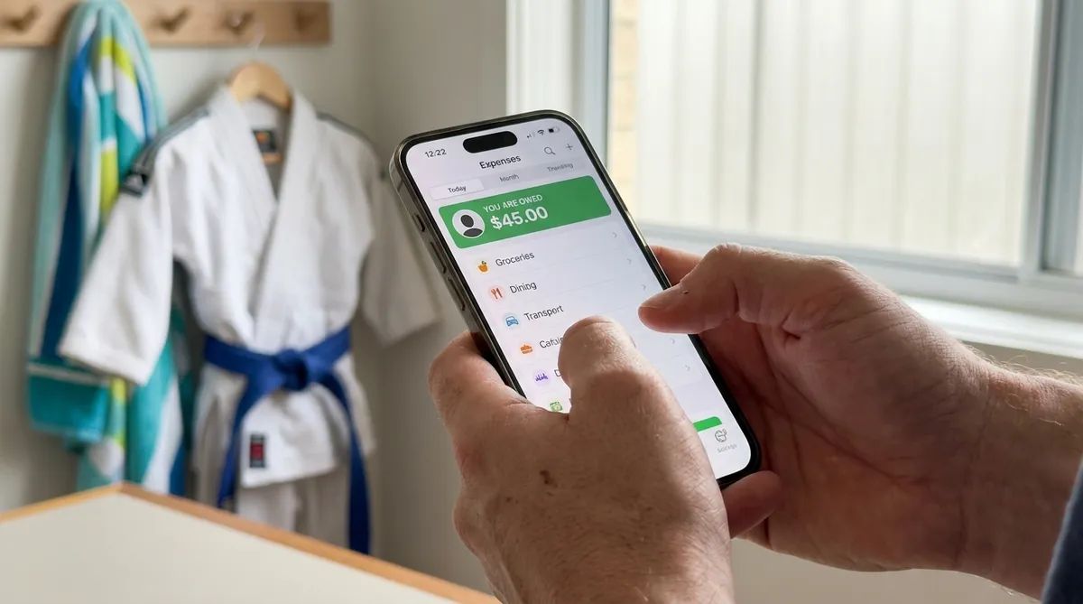 Smartphone showing a monthly co-parenting expense dashboard with category balances
