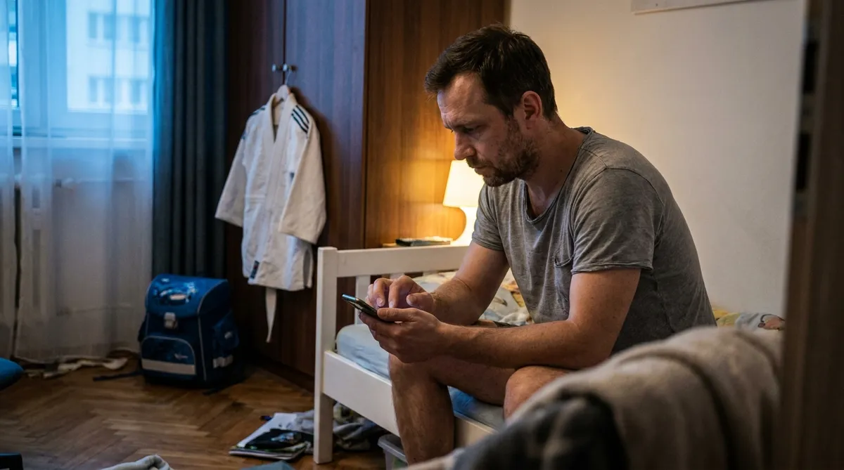 Divorced dad logging a shared child expense on his phone after bedtime