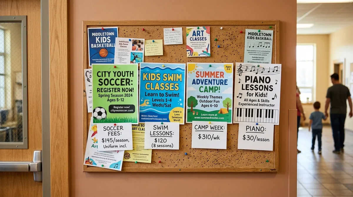 Community center bulletin board with extracurricular activity flyers showing costs for kids sports and classes after divorce