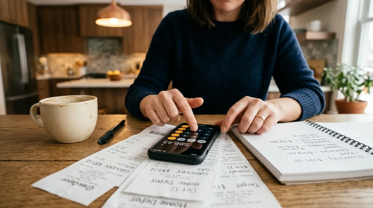 Parent calculating extracurricular costs after divorce with receipts and calculator on kitchen table
