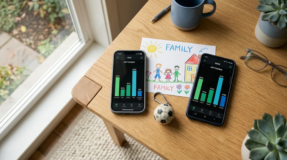 Two parent smartphones showing shared extracurricular expense tracking app for divorced parents splitting costs