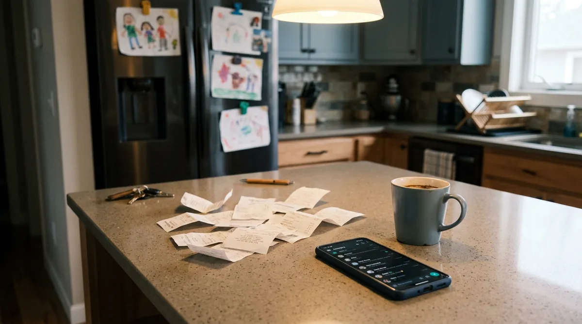 receipts and phone on kitchen counter showing co-parent expense messages after divorce