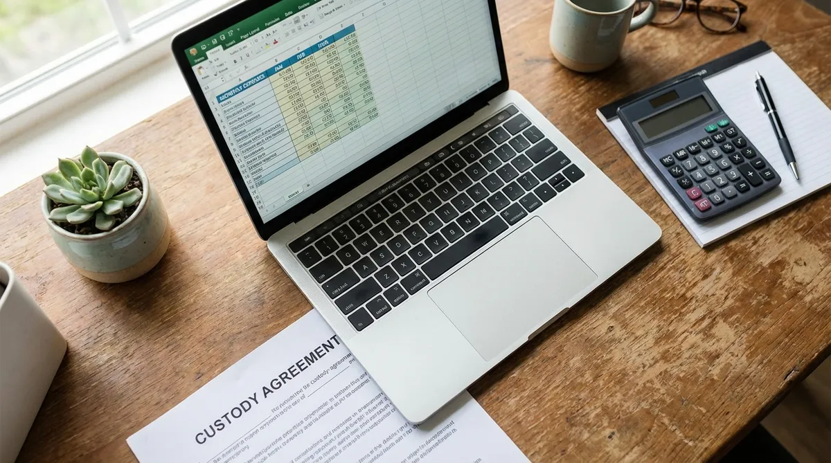 desk with laptop showing split child expenses spreadsheet and custody agreement for divorced parents