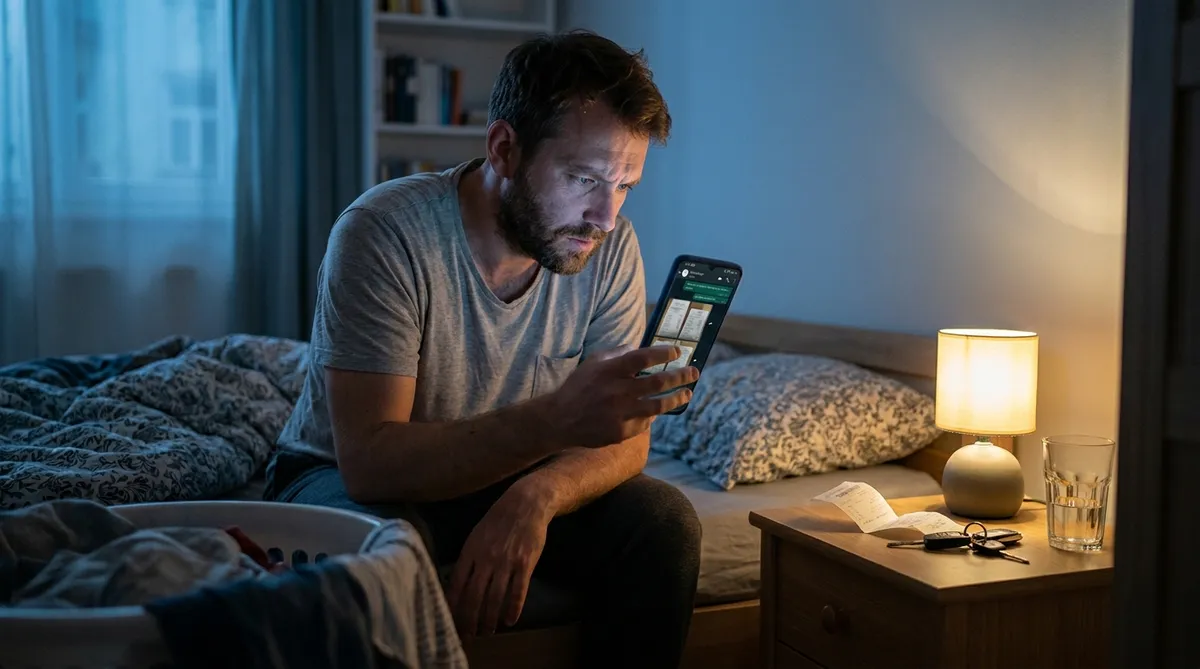 Divorced dad reviewing receipt photos in a WhatsApp thread on his phone at night