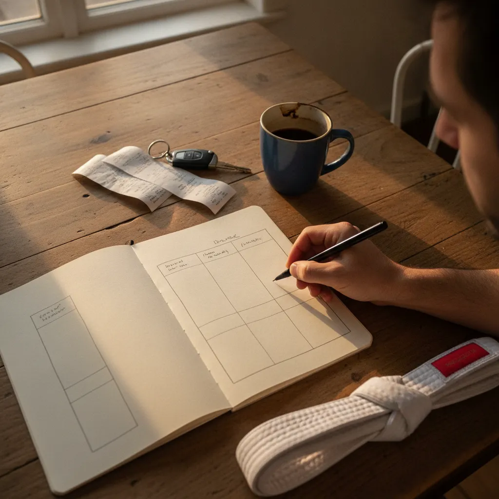 Handwritten shared expense log for co-parents on a kitchen table with receipts
