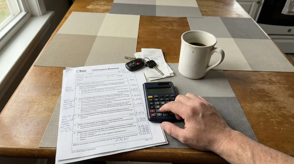 Printed Ohio child support worksheet with handwritten notes, calculator and receipts on a kitchen table