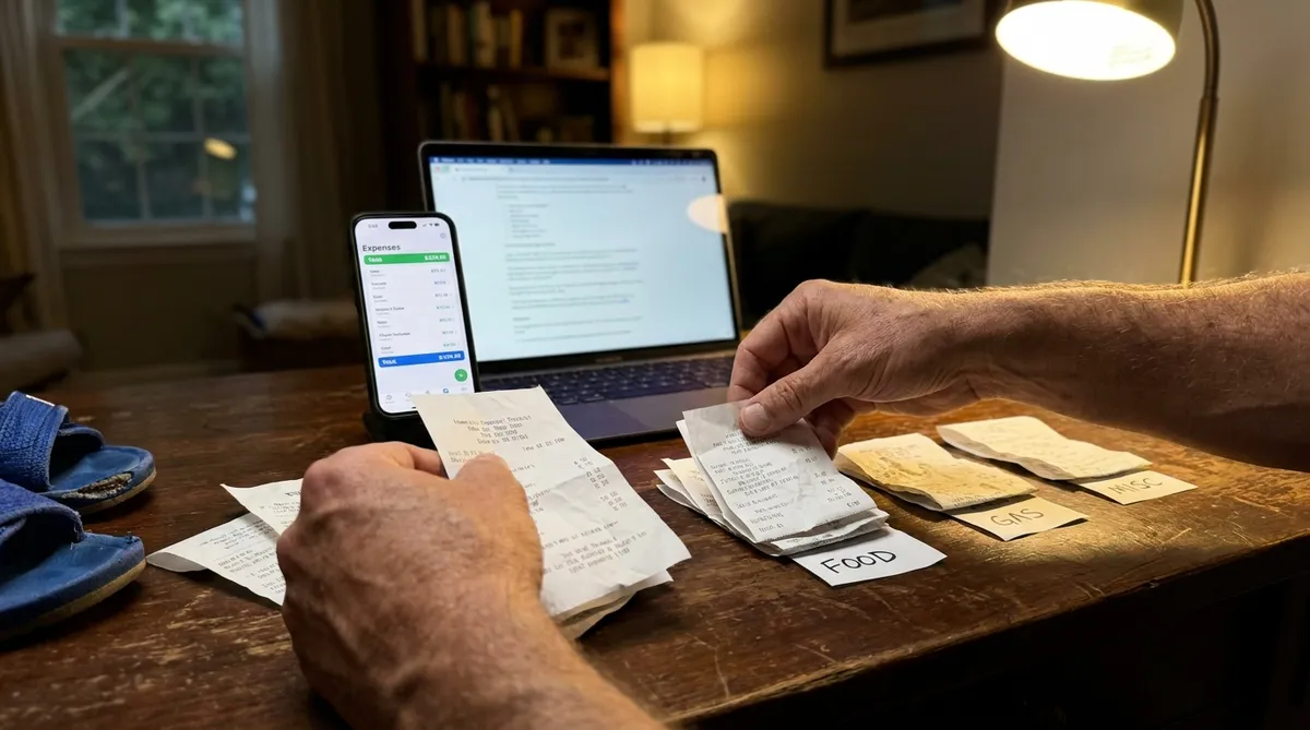 Parent sorting receipts beside a phone showing category totals for shared child expenses