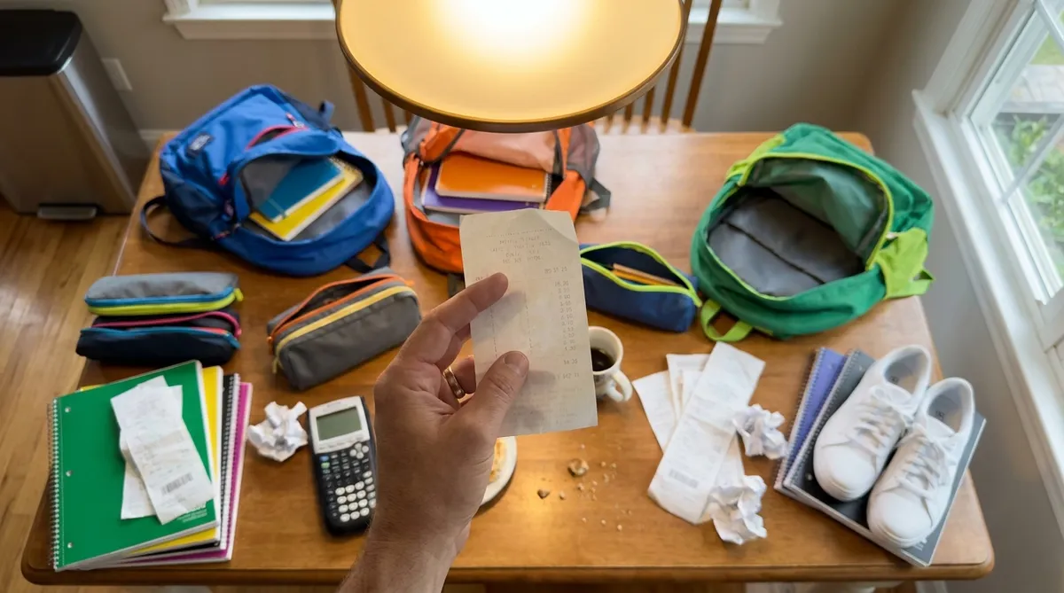 back to school supplies and receipts spread on kitchen table for co-parent expense splitting
