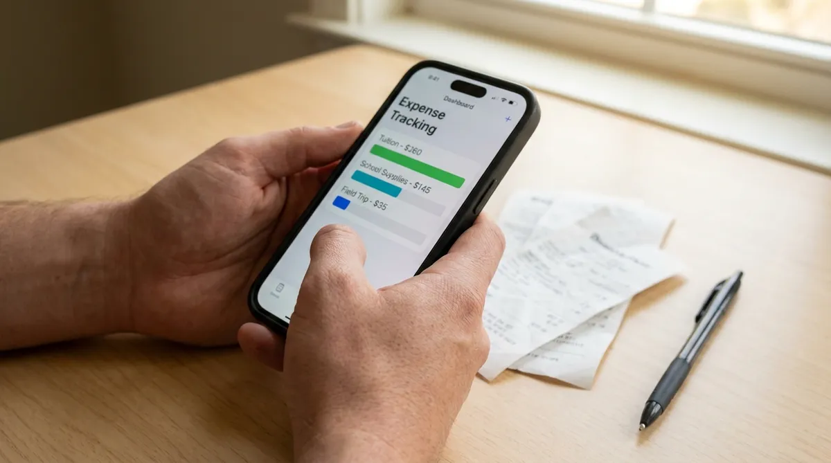 parent using expense tracking app on phone to split school fees in shared custody