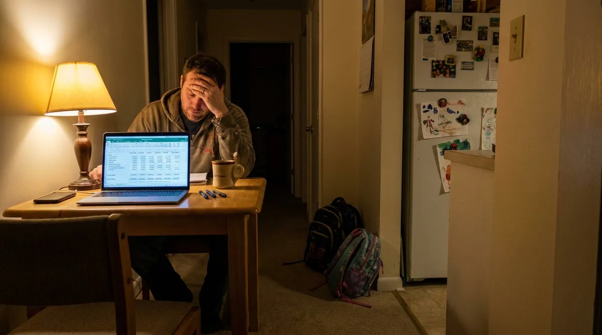 divorced dad reviewing school expense tracking spreadsheet at home in the evening