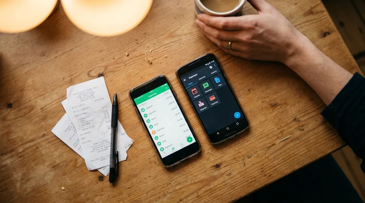 Two smartphones on a kitchen table comparing Splitwise and OurFamilyWizard expense tracking apps for co-parents