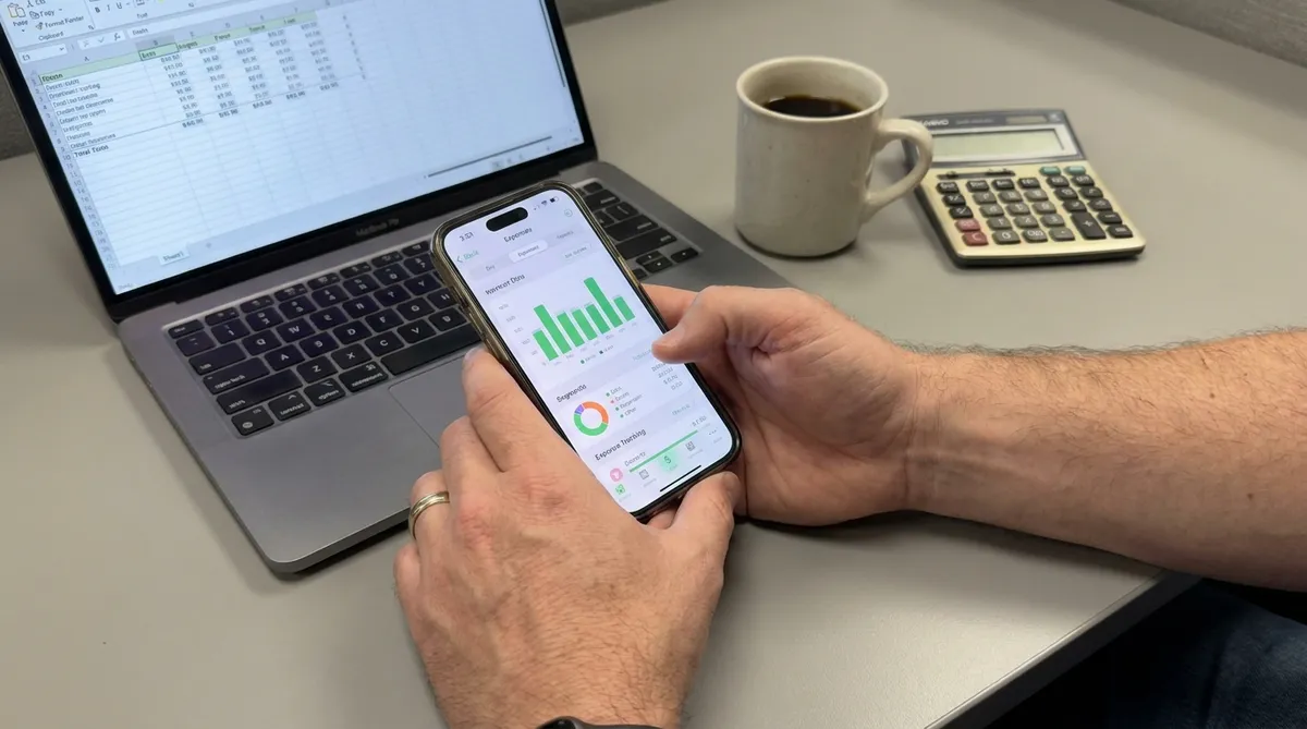 Parent reviewing co-parenting expense categories and reports on smartphone at a desk