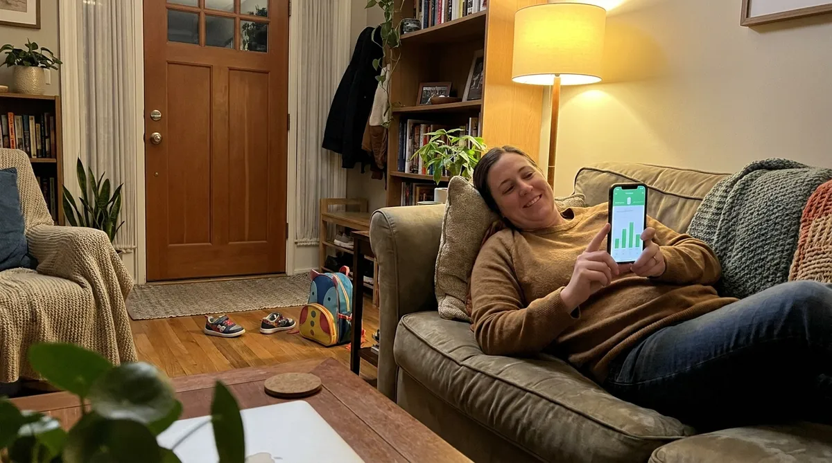 Relaxed parent using a co-parenting expense tracker app on the couch at home in the evening